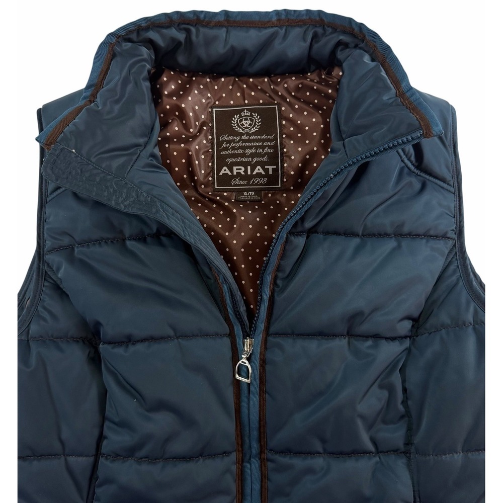 Ariat Women's Equestrian Quilted Puffer Vest Teal Brown Pockets Full Zip X Large